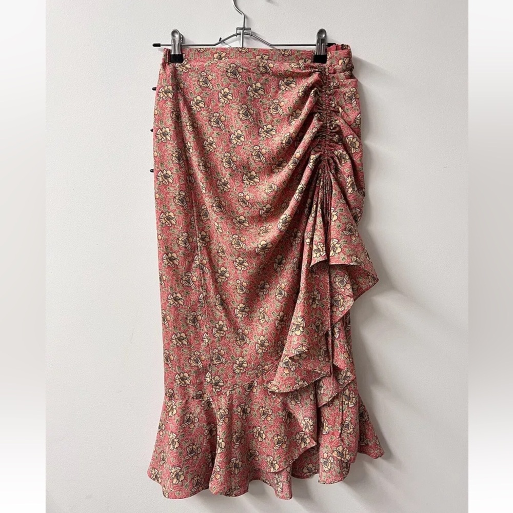 Max Studio Floral Ruched Side Ruffle Hem Midi Skirt Coral Sz S Excellent Cond.